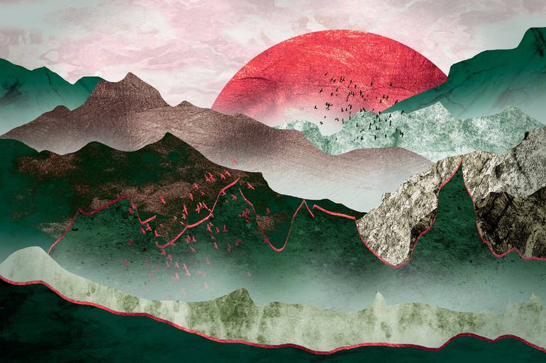 Red moon over emerald mountains - Print