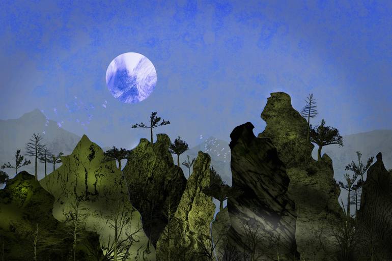 Forests and unexplored cliffs in the moonlight - Print