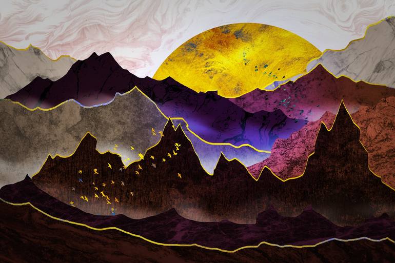 Golden sun over colorful mountains - Print