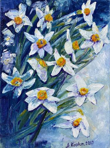 Daffodils Blossom. Floral Small Original Oil Painting. thumb