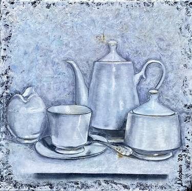 Coffee For One. White Still Life. Kitchen painting. thumb