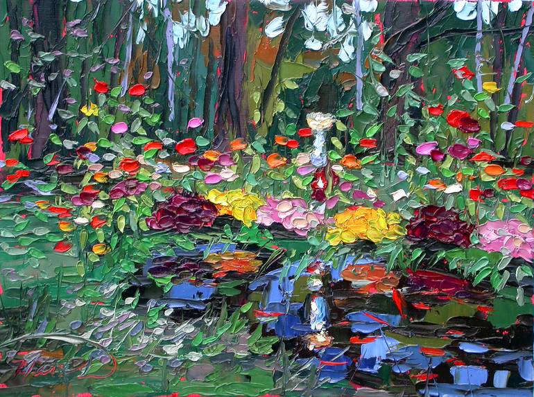 Zinnias and Mums Next to the Goldfish Pool 101417 12x16 Painting by  Charlene Marsh