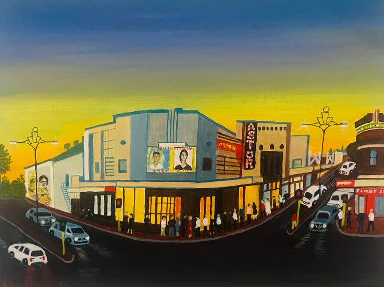 Original Architecture Painting by Peter Kruger | Folk Art on Canvas | Saturday Night at the Astor