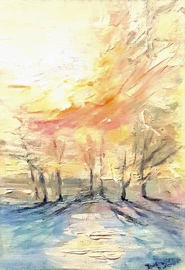 Winter road in the sun, painting for gift, handcrafted thumb