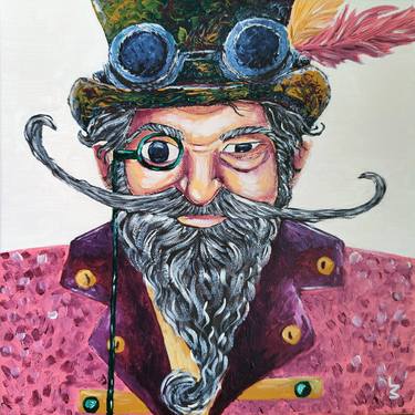 Portrait of a old man with beard and monocle, feathers, top hat thumb