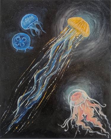 Seascape jellyfishes in dark water thumb