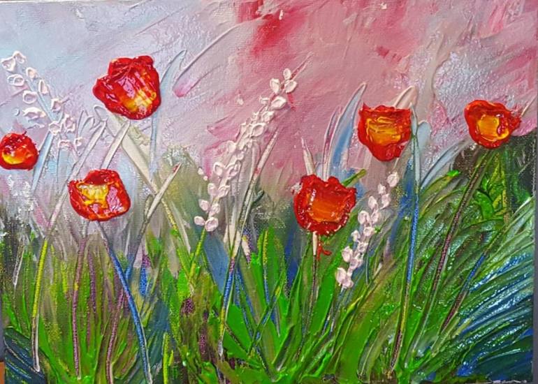 Fiery red flower field Painting by Jenny van der Hoven | Saatchi Art