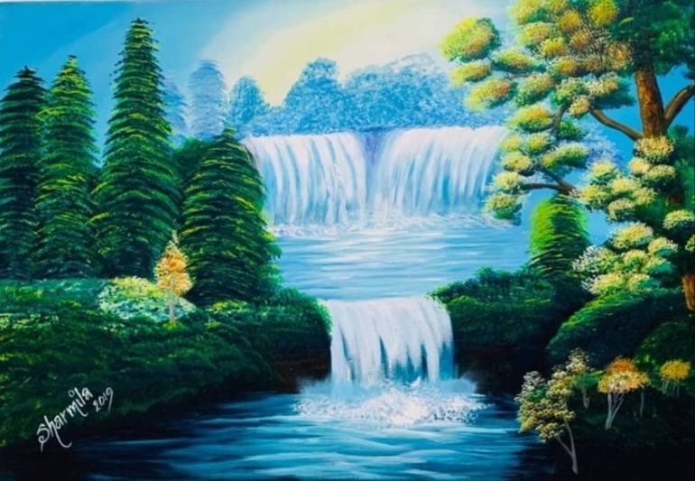 Waterfall with lifelong positive Energy Painting by Sharmila Kokane ...