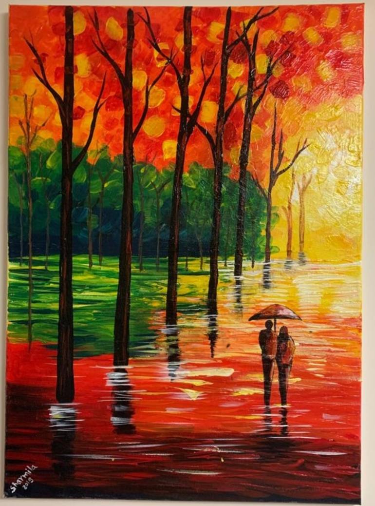 Art Street Couple in The Rain Art Print, Landscape Canvas Paint