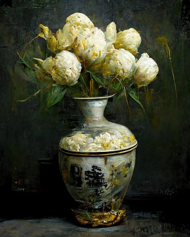 White peonies in a porcelain Ming dynasty vase thumb