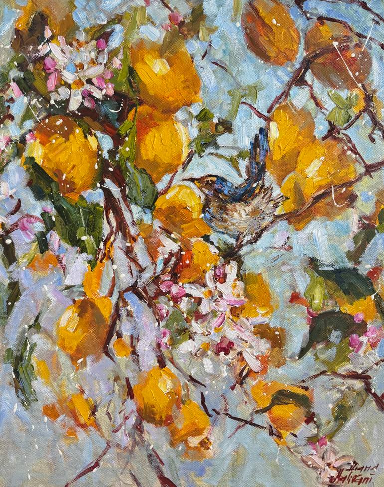 Original Garden Painting by Diana Malivani | Impressionism Art on Canvas | A Little Bird in the Lemon Tree