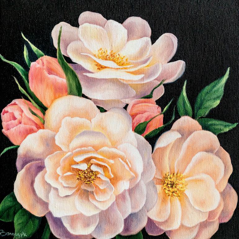 Bouquet of peonies and roses on a black background, oil painting on canvas  Painting by Myroslava Voloschuk | Saatchi Art