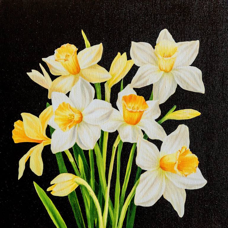 Daffodils, white and yellow flowers on a black background, oil painting on  canvas Painting by Myroslava Voloschuk | Saatchi Art