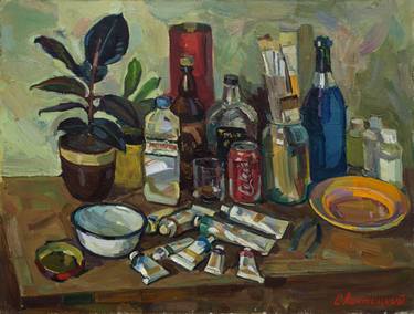 Still life with paints and  ficus thumb