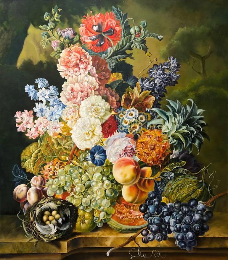 COPY OF PAUL THEODOR VAN BRUSSEL STILL LIFE OF FRUITS FLOWERS TOGETHER WITH BIRD'S NEST ARRANGED UPON A STONE LEDGE Painting by Boldina | Saatchi Art