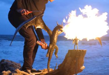 Handmade Fire-breathing Steel Dragon and Knight Sculpture thumb