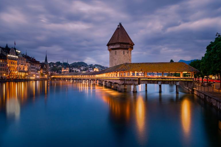 Vision Of Switzerland Lucerne Chapel Bridge At Night - Limited Edition 