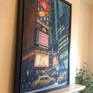This is a large painting of Times Square, New York. It captures the dazzling lights of a night time scene where the advertising lights add to the excitement of the city. The yellow taxis symbolise the New York scene. I painted this after visiting New York and couldn't wait to start painting when I got back home. This painting is framed with a lovely black wooden frame which compliments the bright colours. It is a large statement piece ready to hang, pride of place, in your house.