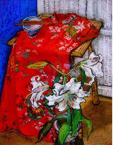 Still life with Lilies and red  Kimono thumb