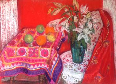 RED STILL LIFE WITH ORANGES, APPLES AND A GARDEN CHAIR thumb