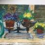 This is an oil sketch of primroses in scales on my window ledge. It was going to be a preliminary sketch before I went on to finish an a oil painting but I liked it's spontaneity so much I decided to keep it as it was. I liked the way the flowers sat in the scales and on the window ledge and was the main focus.