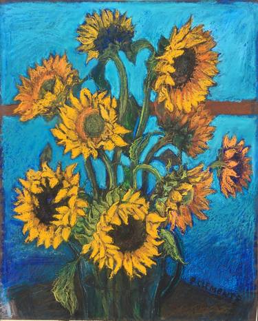 SUNFLOWERS WITH KINGFISHER BLUE INFLUENCED BY VAN GOGH thumb