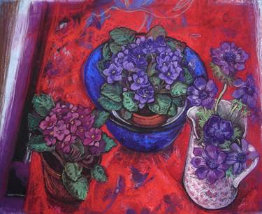 Still life African Violets on Red Background thumb