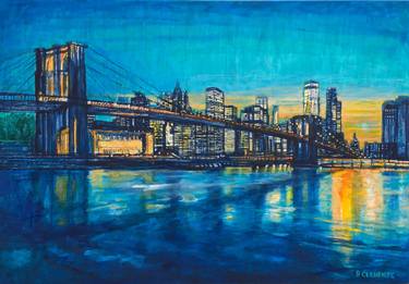 Brooklyn Bridge to Manhattan sunset with blue x large thumb