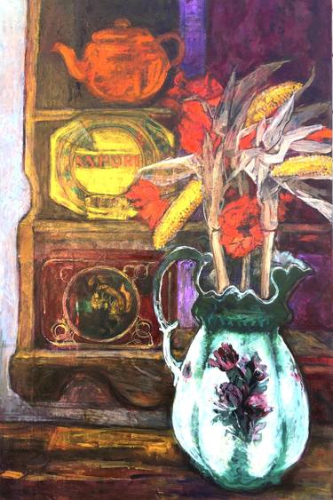 Victorian jug with sweetcorn still life Painting thumb