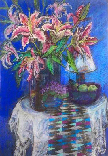 Lilies African Violets and apples still life large thumb