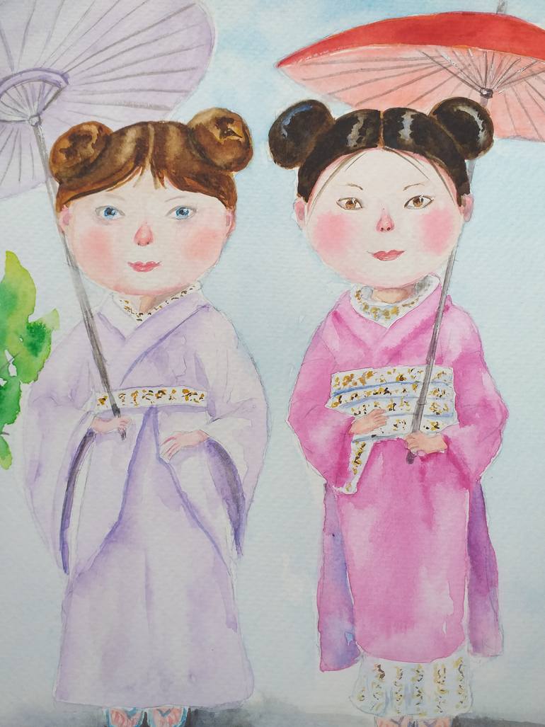 Original Art Deco Family Painting by Zinaida Vysota Dacenko
