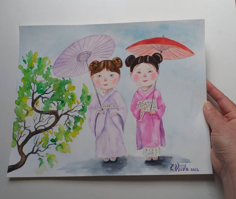 Original Art Deco Family Painting by Zinaida Vysota Dacenko