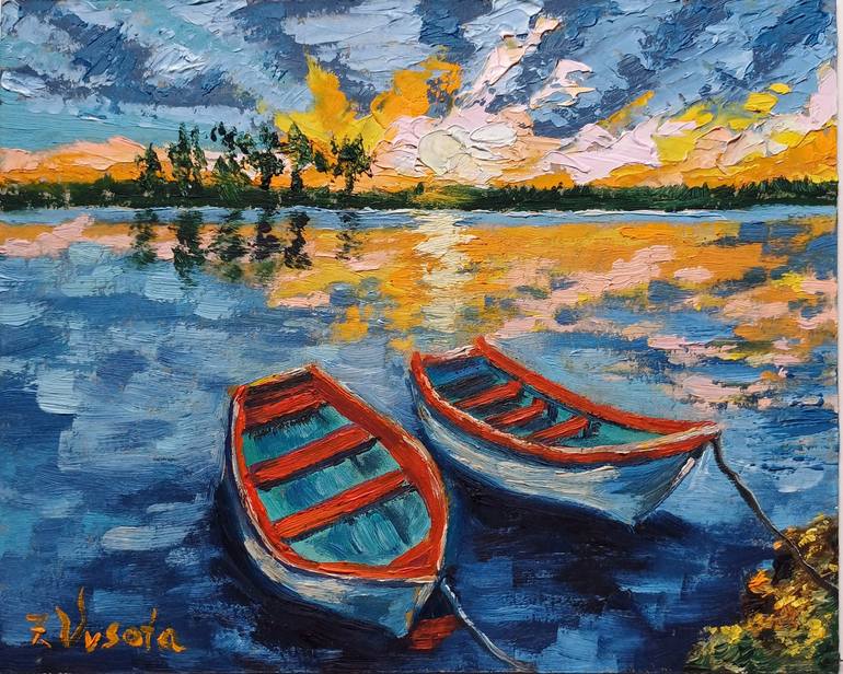 Original Boat Painting by Zinaida Vysota Dacenko | Art Deco Art on Pressed Cardboard | Sunset on the river and boats at the pier.