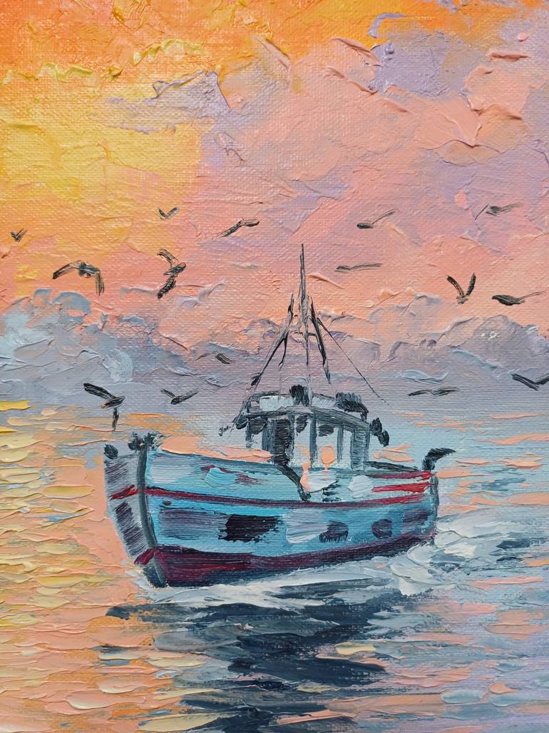 Original Art Deco Boat Painting by Zinaida Vysota Dacenko