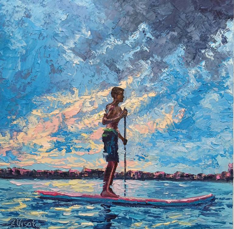 Original Seascape Painting by Zinaida Vysota Dacenko | Figurative Art on Pressed Cardboard | Sunset on the Waves.