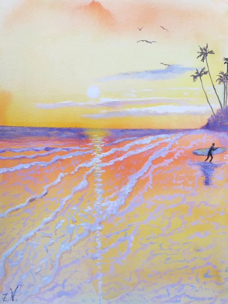 Surfing at sunset. Painting by Zinaida Vysota Dacenko | Saatchi Art