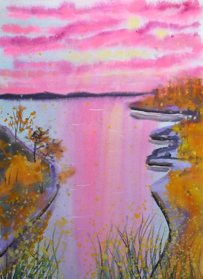 Pink Sunset Art Print, Acrylic Painting, Abstract Print, Landscape