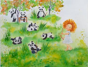 Panda bears in the garden. thumb