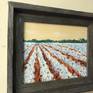 Listed is an 8 x 10 inch painting of a cotton field. I love the soft blue shades depicted in the individual bolls against a pale buttery sky. This is a painting in a large series of small cotton boll paintings that I am creating.
This painting comes framed in a lightweight, weathered wood frame. The sides are painted and the back is prewired for instant hanging. Painting comes varnished to protect the paint and enhance the colors.