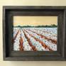 Listed is an 8 x 10 inch painting of a cotton field. I love the soft blue shades depicted in the individual bolls against a pale buttery sky. This is a painting in a large series of small cotton boll paintings that I am creating.
This painting comes framed in a lightweight, weathered wood frame. The sides are painted and the back is prewired for instant hanging. Painting comes varnished to protect the paint and enhance the colors.
