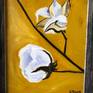 Oil painting of two cotton bolls! This painting is a series of cotton boll still life paintings I am creating. Painting comes framed in a weathered, wood, primitive frame. Artist biography and statement is included.