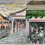 It's a wonderful sunny afternoon on Decatur Street! The famous Cafe Du Monde coffee stand is open and serving hot coffee and delicious beignets! This is a typical scene in New Orleans, which is the Paris of America!  

This is a 7 x 10 original mixed media painting: watercolor and pen & ink. This art was painted on professional acid free watercolor paper and has a one inch white border. The artist name is signed on the lower left corner. The title, artist's full name, and date is in pencil on the back.