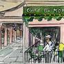It's a wonderful sunny afternoon on Decatur Street! The famous Cafe Du Monde coffee stand is open and serving hot coffee and delicious beignets! This is a typical scene in New Orleans, which is the Paris of America!  

This is a 7 x 10 original mixed media painting: watercolor and pen & ink. This art was painted on professional acid free watercolor paper and has a one inch white border. The artist name is signed on the lower left corner. The title, artist's full name, and date is in pencil on the back.