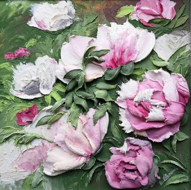 Wall sculpture with pink Peonies impressionism thumb