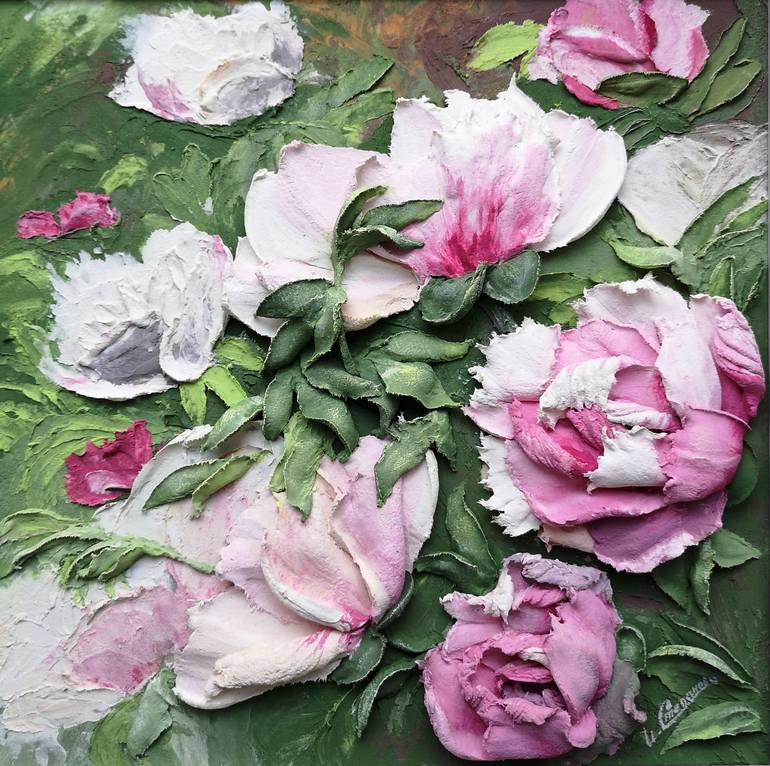 Wall sculpture with pink Peonies impressionism