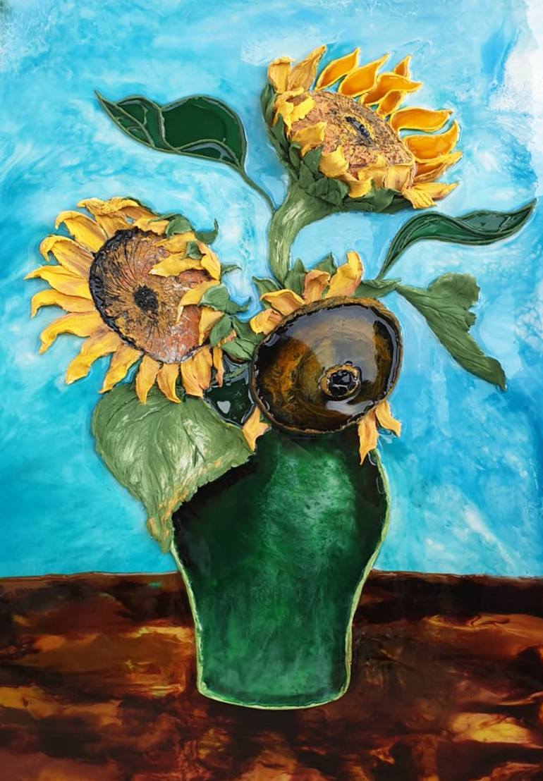 Large Yellow Sunflowers in a malachite vase - Print
