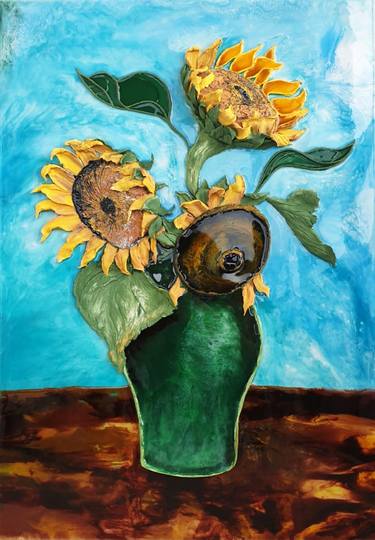 Large Yellow Sunflowers in a malachite vase thumb