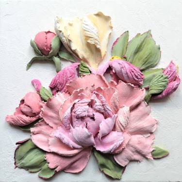Wall sculpture with pink Peonies and yellow irises "Two Capitals" thumb