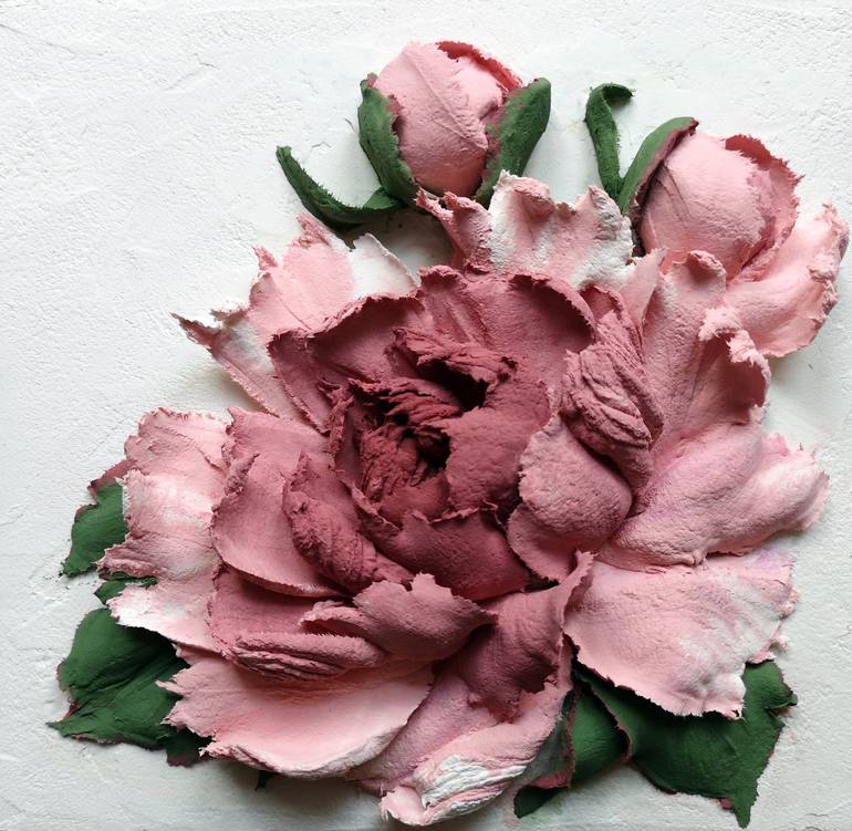 Wall bas-relief with 3 pink-bordo Peonies - Print