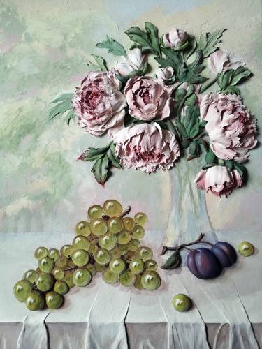 Still life: grapes, plums and peonies-Fresh cut flowers and fruit thumb